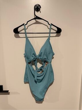 Teal Ribbed One-Piece Swimsuit with Front Tie